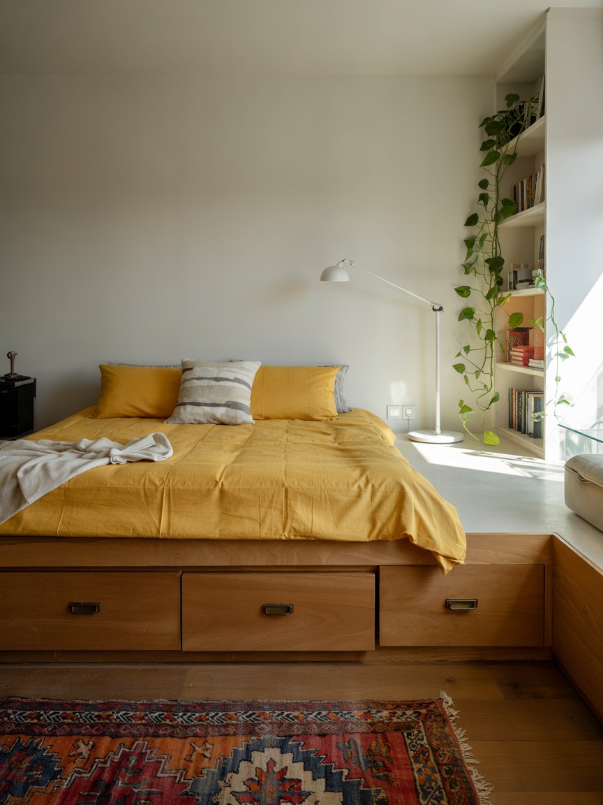 Scandinavian Bedroom Ideas with Storage Bed and Mustard Yellow Bedding