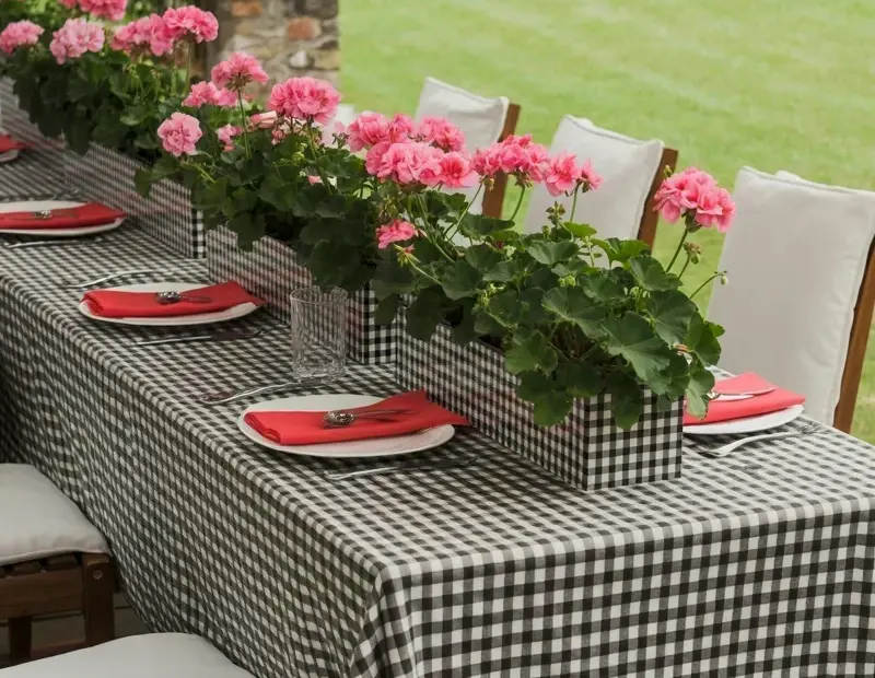 Outdoor holiday tablescape idea with black and white checkered tablecloth and pink geraniums