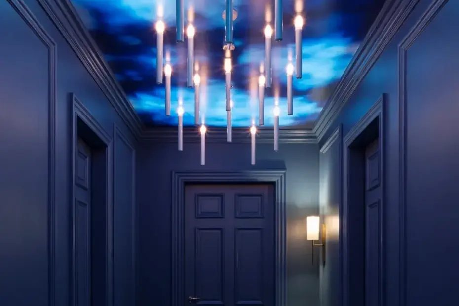 Dramatic hallway on a budget: DIY blue sky ceiling with hanging candles