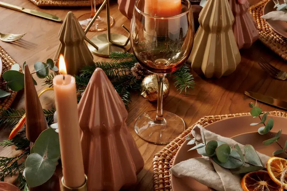 Simple Christmas dining table decor with garland runner and candles