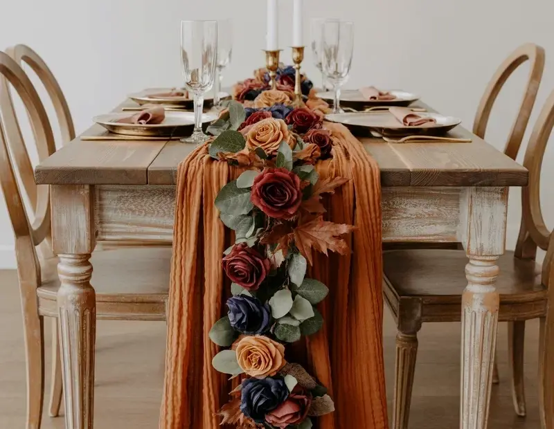 Rustic Autumn Tablescape with Flowing Chiffon Runner & Roses | Cozy Fall Dining