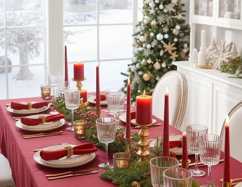 Burgundy and gold Christmas table setting with candles and greenery
