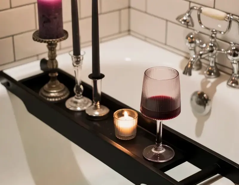 Coffin bath caddy before and after: boring bathroom to gothic Halloween 🖤