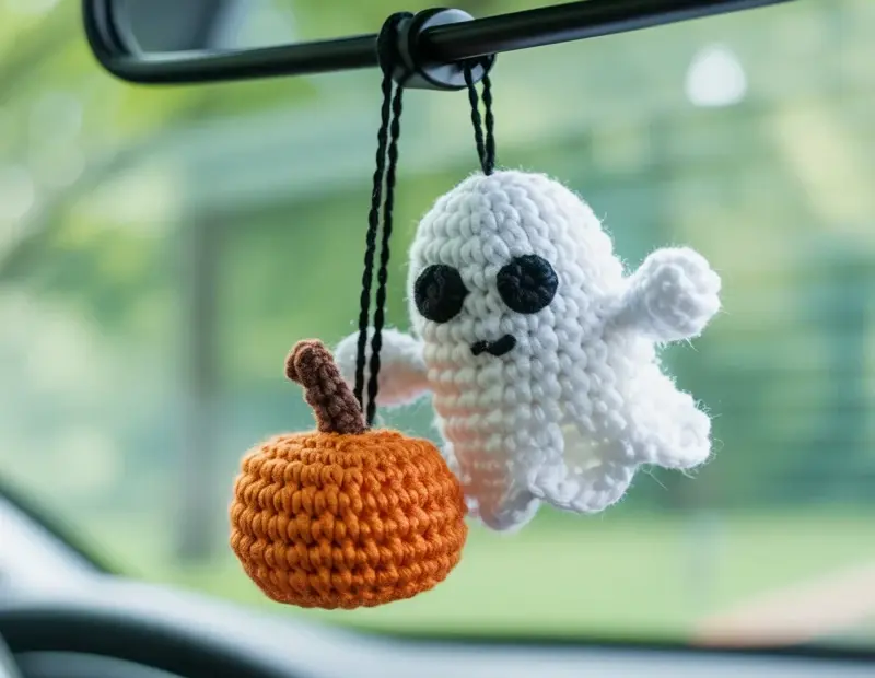 Crochet Ghost and Pumpkin Car Air Freshener | Handmade Halloween Car Decor | Neutral Crochet Decor