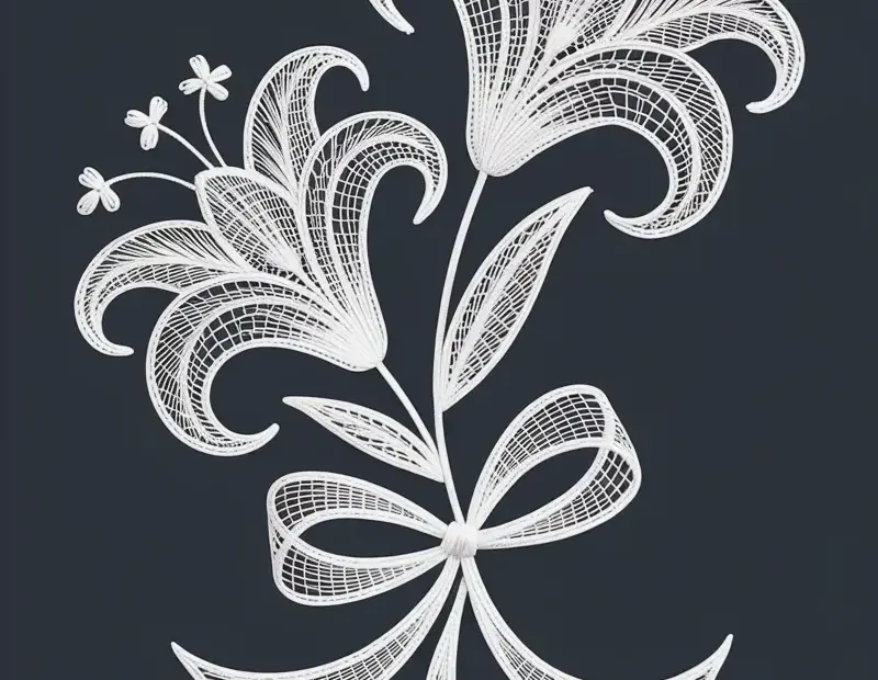 White Lace Embroidery Pattern with Lily Flowers and Bow on Dark Gray Fabric